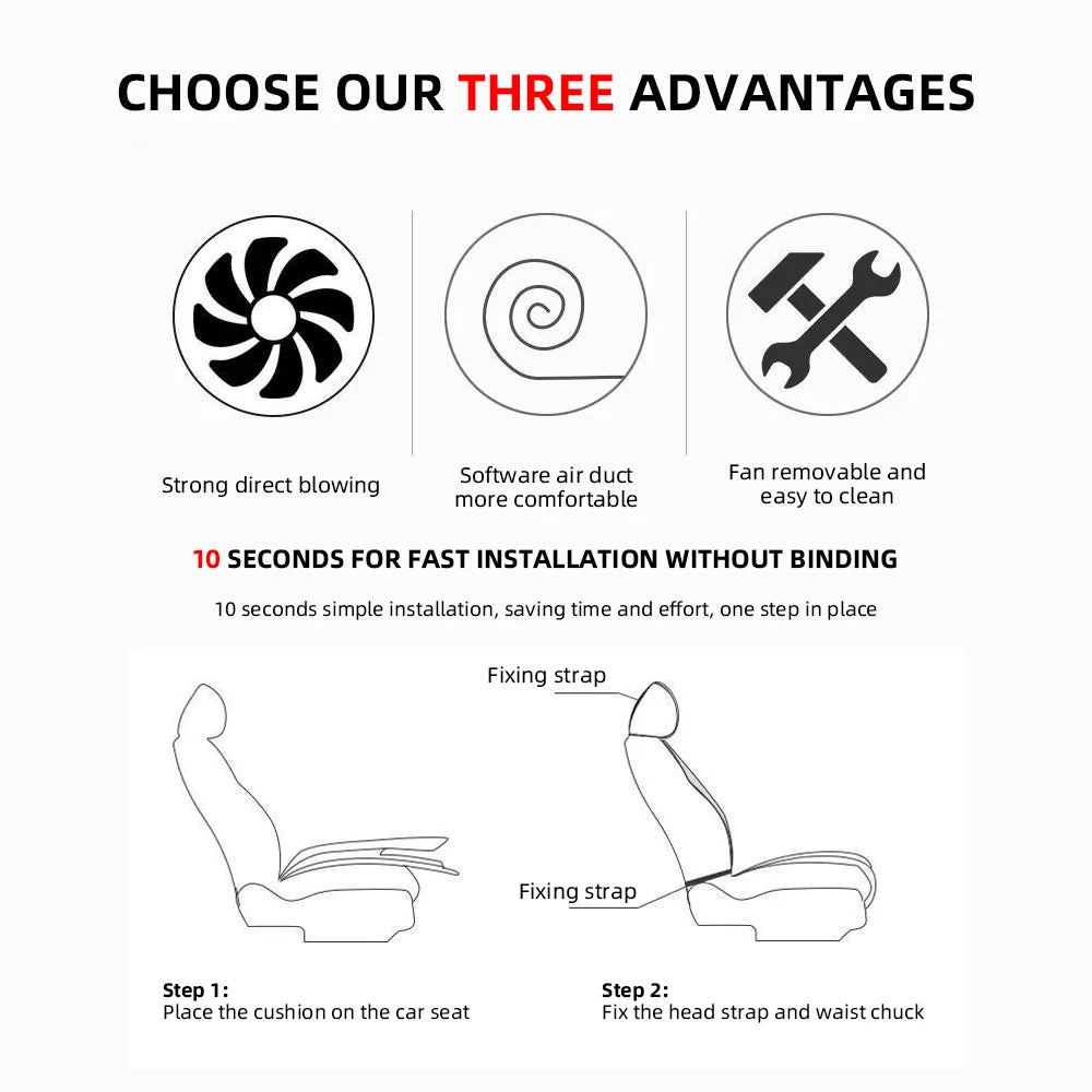 USB Summer Cooling Car Seat Cushion With Fan Front Seat Cooled Seat Cover Black Ventilated Breathable Seat Cover 3-Speed Setting