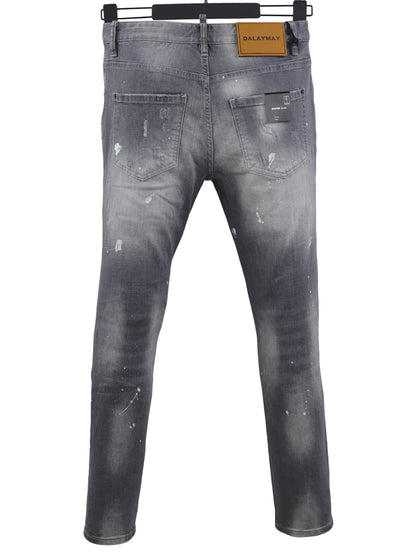 6058 Four Seasons New Men's Wash Grinding Hole Patch Paint Splash Ink Micro-bullet Leg Grey Jeans for Men