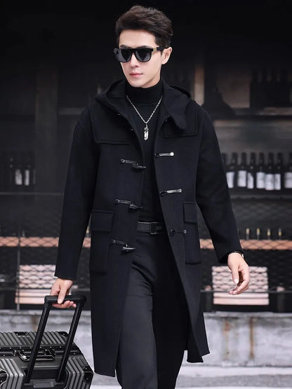 Mens 100% Wool Trench Overcoat Vintage Horn Button Hooded Long Coat Double Faced Sheep Fur Loose Fit Windbreaker Woolen Blends