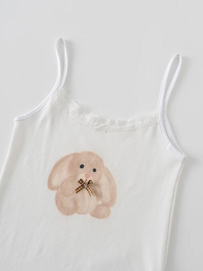 Cute Cartoon Lace Trim Tank Tops Women Summer New Slim Cotton Sleeveless Vests Vintage Sweet Preppy Style Camisole Y2K Clothes