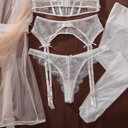 2026 French ultra-thin perspective high-end eyelash lace sexy gathering steel ring bra set with perspective outer robe