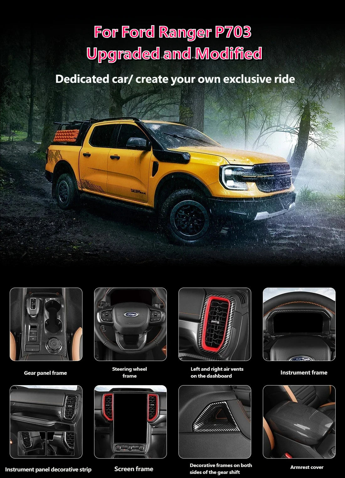 For Ford Ranger P703 T9 XL XLT Wildtrak Raptor 2023-2025 Carbon Fiber Texture Gear Shift Panel Cover Interior Trim Full Set