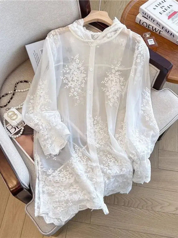 Elegant Thin Lace Hat Shirt Women's Loose Fit Summer 2025 plus Size Slimming Korean Style Long Sleeve Button up