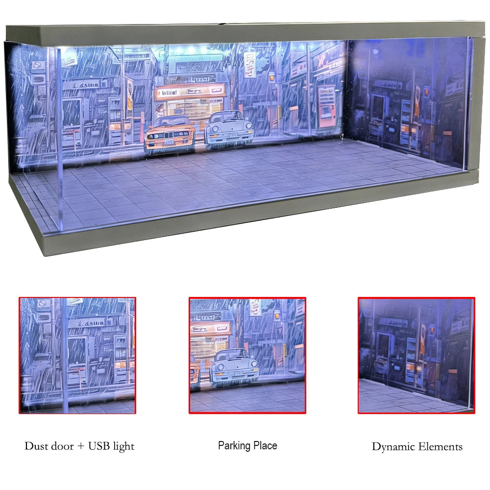 1/64 Scale Car Miniatures Garage Scene Model Car Parking Lot Display Box Led Lights Series Parking Simulation Car Models Box