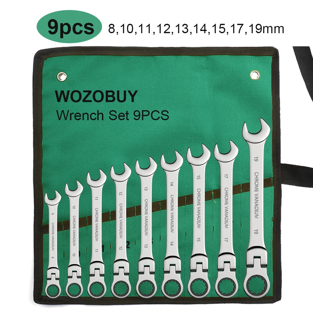 Ratchet Spanner Wrench Set Gear Ring Ratcheting Combination Wrench Kit Metric Flexible Head with Canvas Bag  Metric Flex Head