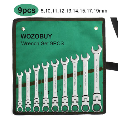 Ratchet Spanner Wrench Set Gear Ring Ratcheting Combination Wrench Kit Metric Flexible Head with Canvas Bag  Metric Flex Head