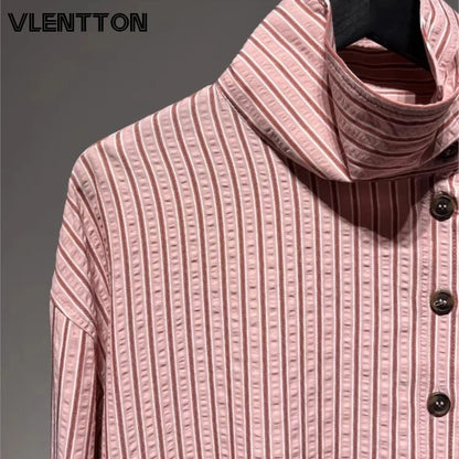 2026 Spring New Women Fashion High-Neck Pink Striped Shirt Casual Button Long Sleeves Loose Versatile Blouse Tops Female