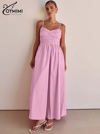 Oymimi Fashion Pink Cotton Women's Dress Elegant Spaghetti Strap Open Back Solid Dresses Casual High Waist Ankle-Length Dresses