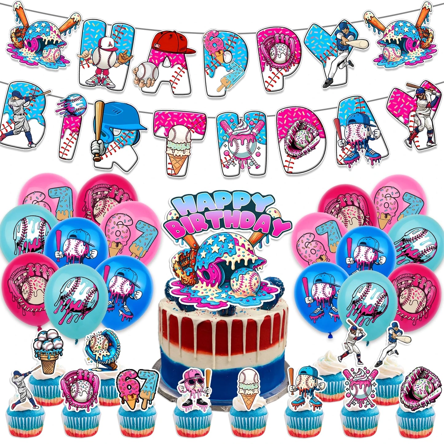 I WAS 6 NOW IM 7 Number 67 Themed Birthday Party Decoration Banner Balloon Cake Toppers＆ Make A Face DIY Stickers Creative Gift