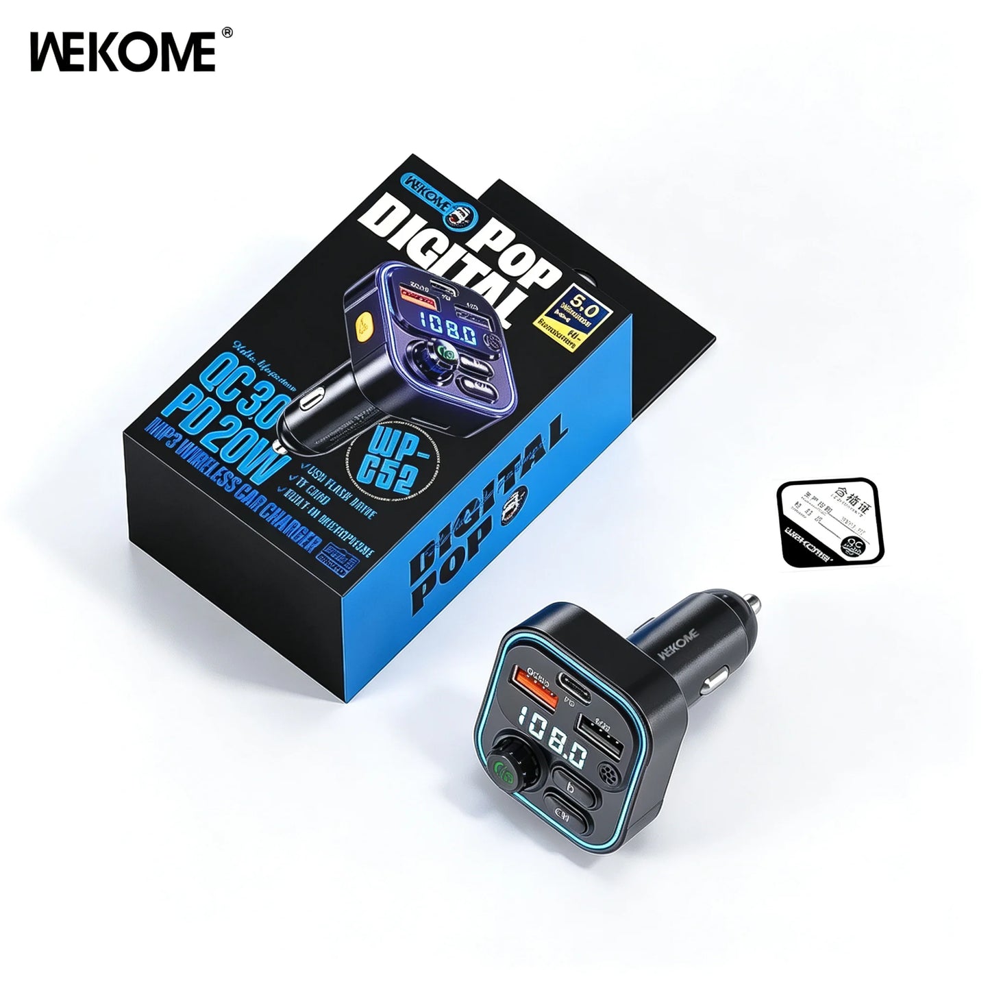WEKOME Dual USB Fast Charging 7 Color LED Atmosphere Light Bluetooth Hands Free Car FM Transmitter with U Disk TF Card Playback