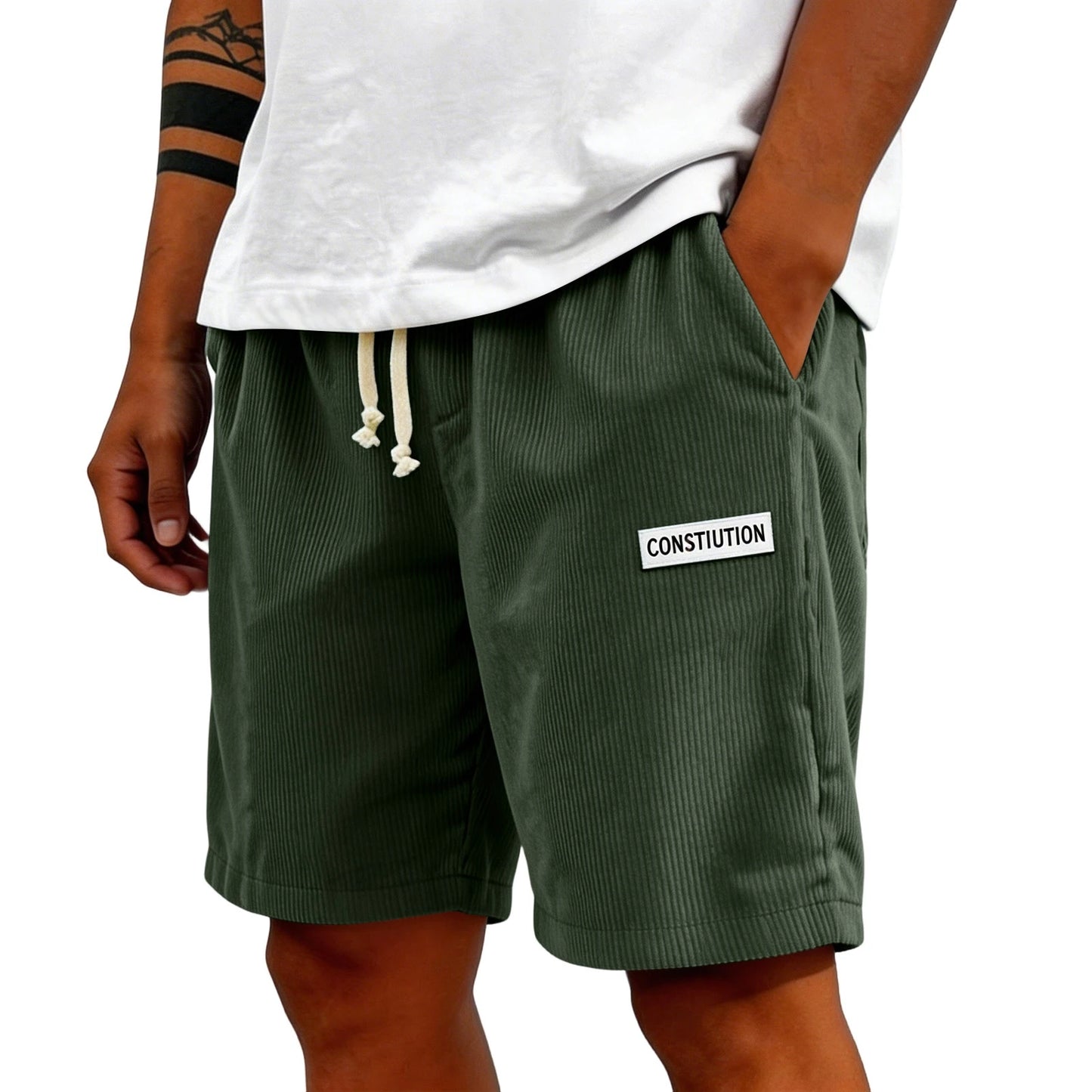 Men's Corduroy Casual Shorts Drawstring Elastic Waist Loose Fit Five-Point Shorts With Pockets Labelled Men's Bottoms Sporty
