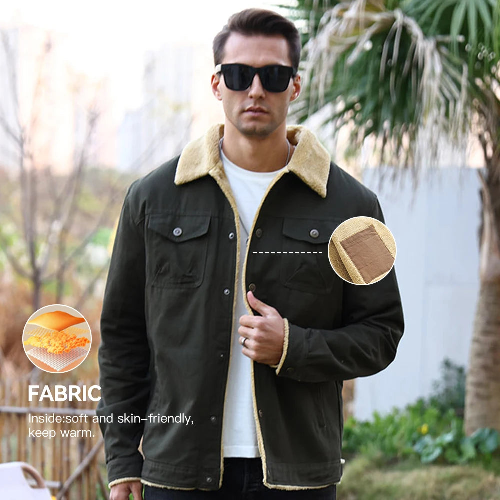 Men's Jackets Winter Windproof Warm Faux Shearling Lined Warm Coat Black Buttoned Parka Pockets Casual High Quality Tops US Size