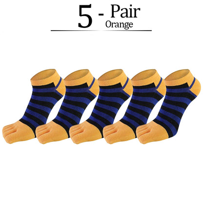 5 Pairs/lot Combed Cotton Ankle 5 Finger Socks Men Boy Striped Colorful Casual Sweat-Absorbing Breathable Boat No Show Toes Sock