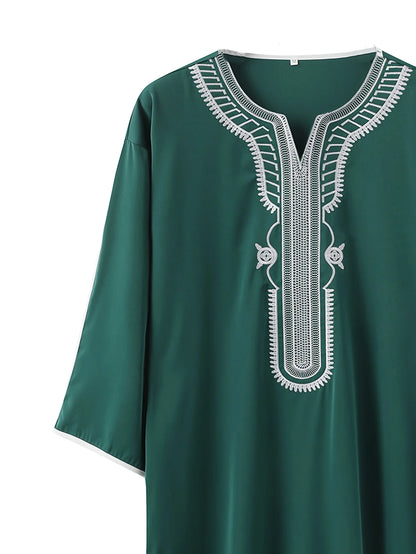 Islamic Men's Short Sleeve Embroidered Moroccan Loose Ethnic Arabic Thoub