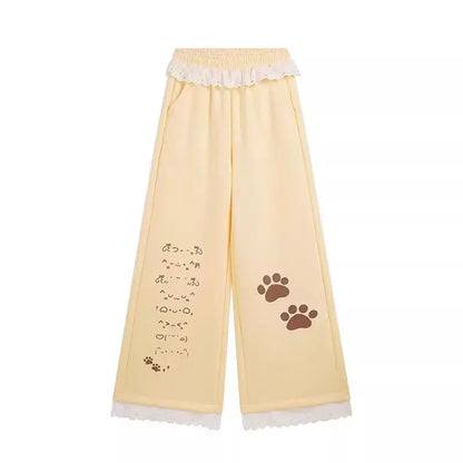 Sweet Cartoon Print Wide Leg Pants Women's High Waist Straight Lace Splice Casual Sports Sweatpants Breathable Cotton Blend