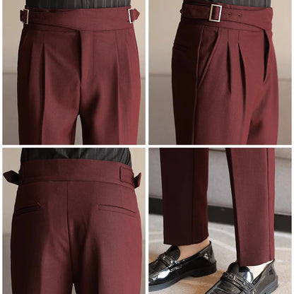 Luxury Men's Slim High-Rise Dress Pants - Heavyweight Subtle Stripe with 3D Pleats & Naples Tailoring