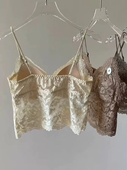 Lace Strap Women's Integrated Fixed Cup Sexy Back Vest Top Short Inner Wear Tank Top Bralette Comfortable Breathable Nylon