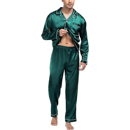 New Plus Size Solid Color Long Sleeve Pajamas Men's Artificial Silk Sleepwear Student Loungewear Cardigan Lapel Nightwear Set