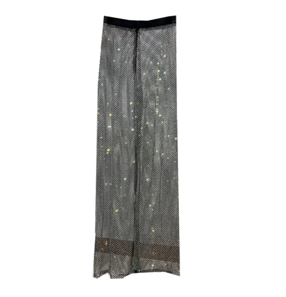 Black Trousers Y2k Pants Club Party Women's Sexy Cutout AB Color Diamond Sparkling Mesh Leggings Slim Fit Diamond Trousers