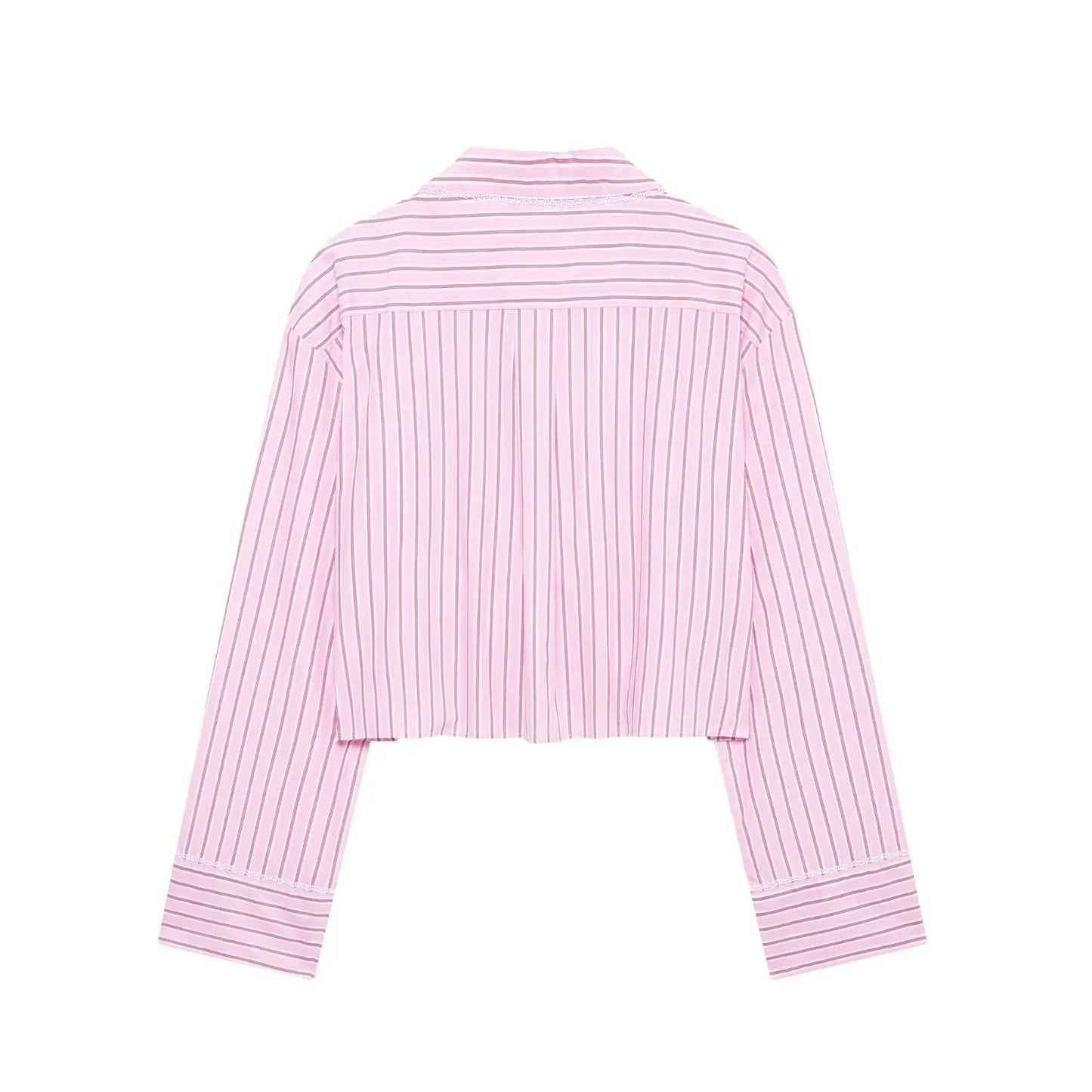 HH Women Striped Pants Suit Lapel Pocket Single-breasted Blouse+Side Zipper Lace Short Top+High Waist With Belt Poplin Pant