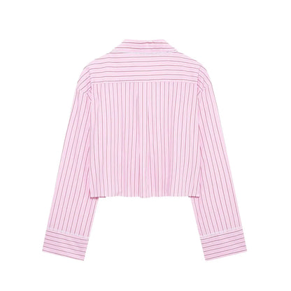 HH Women Striped Pants Suit Lapel Pocket Single-breasted Blouse+Side Zipper Lace Short Top+High Waist With Belt Poplin Pant