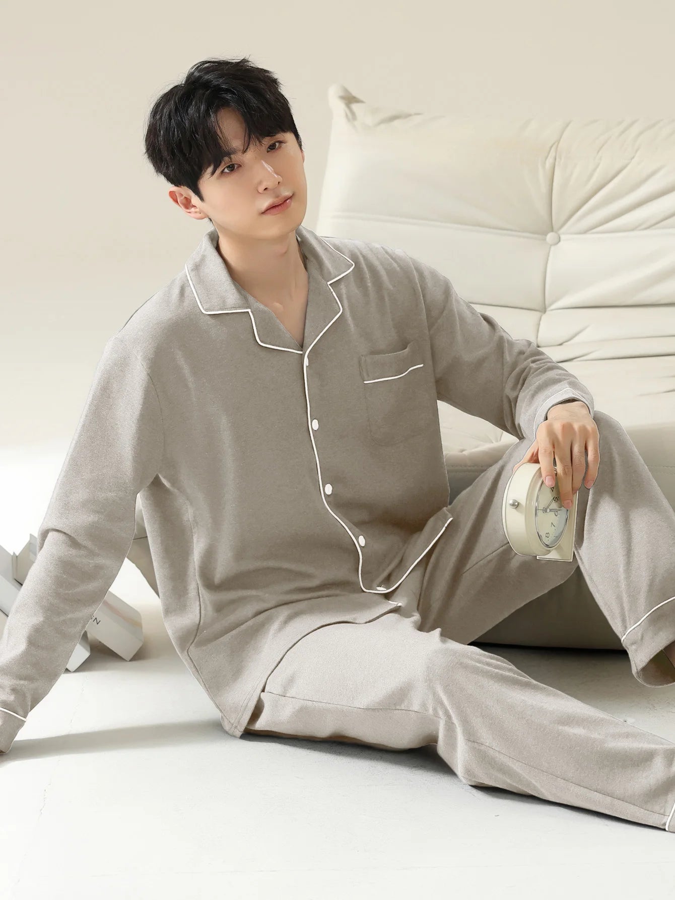 Men's 100% cotton long sleeved four season plus size men's sleepwear, teenage pure cotton home suit set for warmth