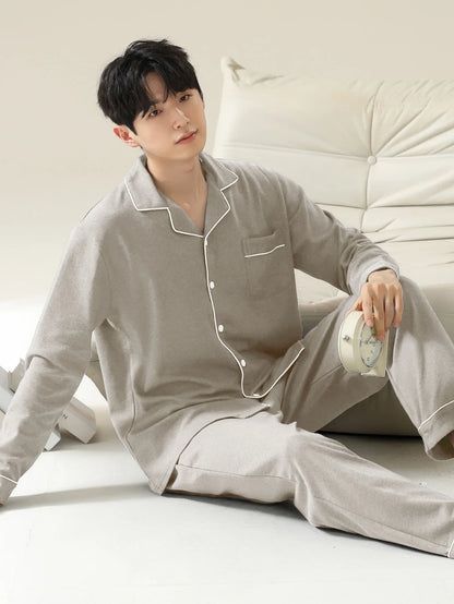 Men's 100% cotton long sleeved four season plus size men's sleepwear, teenage pure cotton home suit set for warmth
