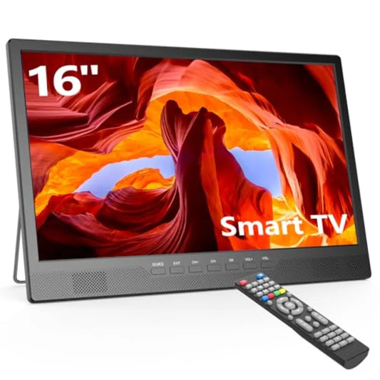 16 Inch Small Smart TV, LCD Small Kitchen TV with WiFi, Bulit-in 180°Adjustable Stand/ATSC Tuner/HDMI/AV/USB for Camping, Bedro