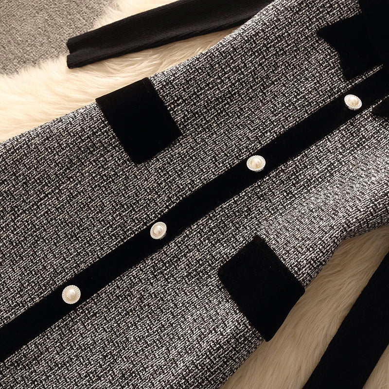Spring Autumn Winter Tweed Color Block Vest Skirt Set  Knot Elegant Fashionable Two Piece Set Women's Luxury Style