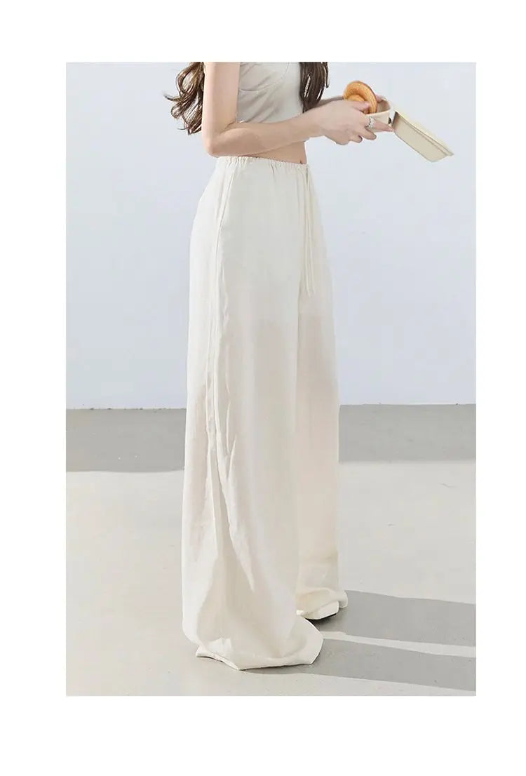 Loose wide-leg pants, classic style, drapey floor-length with drawstring, versatile thin linen straight casual pants for women