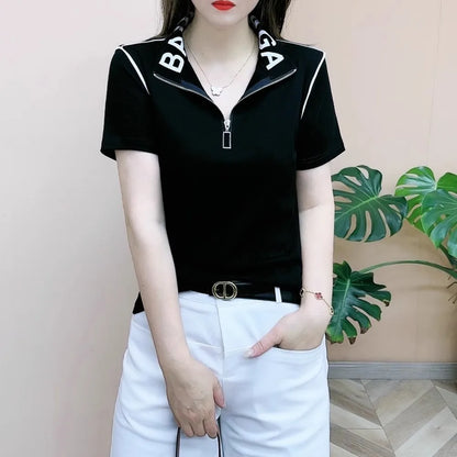 Slimming Short Sleeve Zipper T-Shirt Women's Korean Style Commute Fashion Mid-Year Mom Ladies Shirt Stand Collar Half Zipper