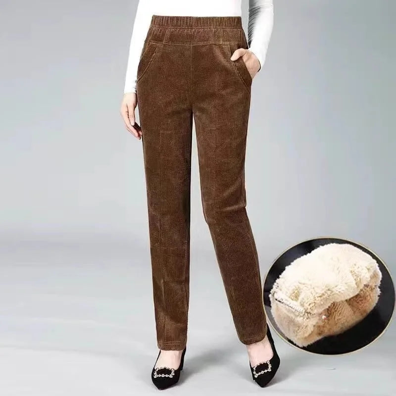 High Waist Thickened Lamb Velvet Casual Pants Straight Legged Harlan Pants Fleece Lined Mom Pants Corduroy Autumn Winter