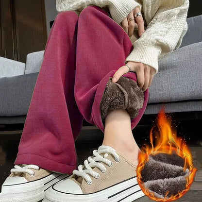 Women's High Waist Fleece Lined Thickened Straight Leg Pants Autumn Winter New Style Casual Polyester Fiber Slimming Effect