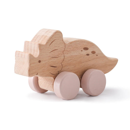 Dinosaur Cartoon Car Montessori Wooden Teether Toy for Infants Toddlers - Sensory Developmental Pretend Play Baby Teething Toy