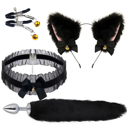5 In 1 Fox Tail Butt Plug Set Cat Ears Headband Choker Ball Gag Nipple Clamps BDSM Cosplay Pet Play Accessories for Couples