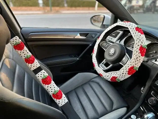 Hand Crocheted Flower Car Steering Wheel Cover Warm Anti Slip Grip Seat Belt Safe Simple Style Winter Auto Decor Accessory