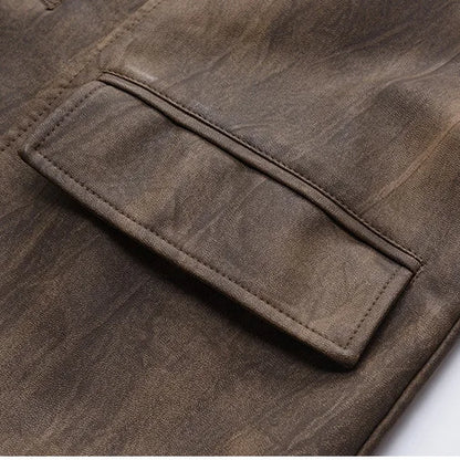 Man Leather Coat Autumn Winter American Retro Turn Down Collar Male Outerwear Mid Length Single-breasted  Long Sleeve Men Jacket
