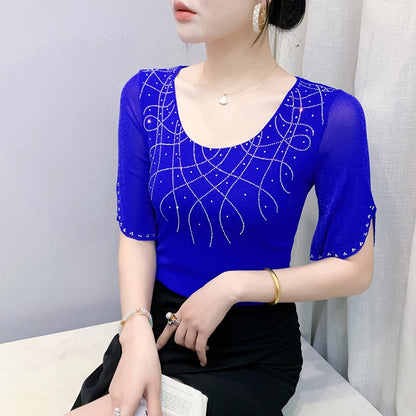 2026 Spring Summer Mesh Tops Korean Fashion Diamond T Shirt Slim 3/4 Sleeve Hollow Out Casual Women Shirt
