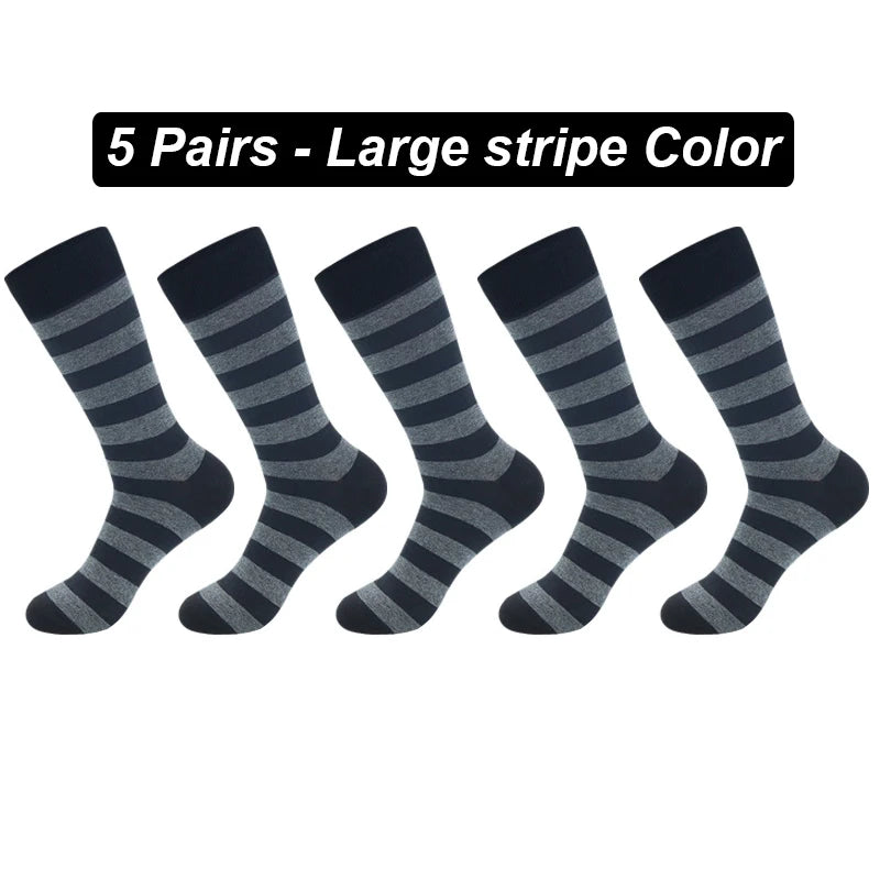5Pairs High Quality Men's Long Socks Striped Solid Color Business Sports Breathable New Male Black Plus Size EU40-47