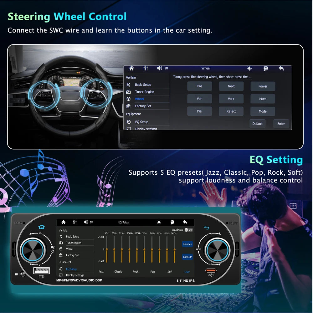 5.1Inch 1Din Car Radio MP5 IPS HD Player Support Wireless Carplay Android Auto Bluetooth FM AM RDS Stereo USB WIFI Video Player
