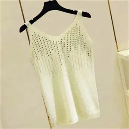 Rhinestones Tank Top Elegant Sleeveless Shiny Loose Knit Camis Corset Summer Women's Tube Top Aesthetic Clothing Korean