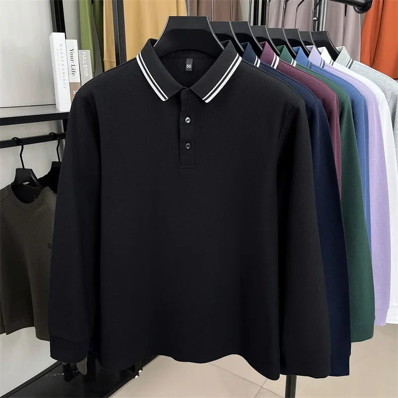 100% pure cotton high-quality long sleeve polo shirt men's autumn new style comfort casual luxury double striped lapel T-shirt