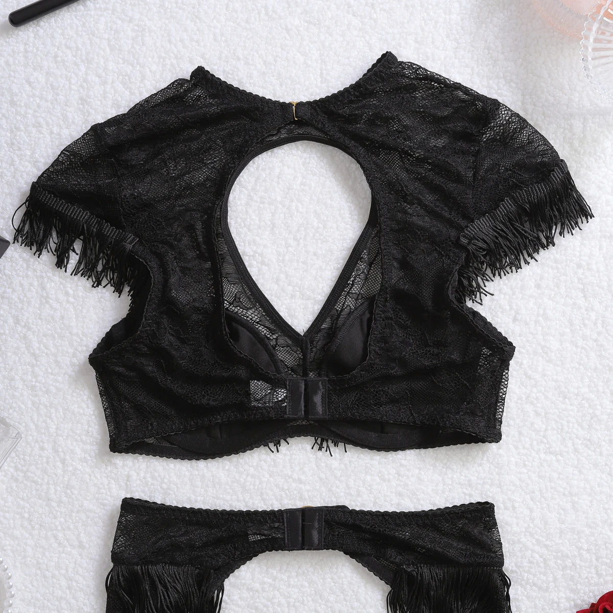 Light Chinese style tassel decoration, perspective splicing, lace shaping, backless, and airy sexy lingerie three piece set