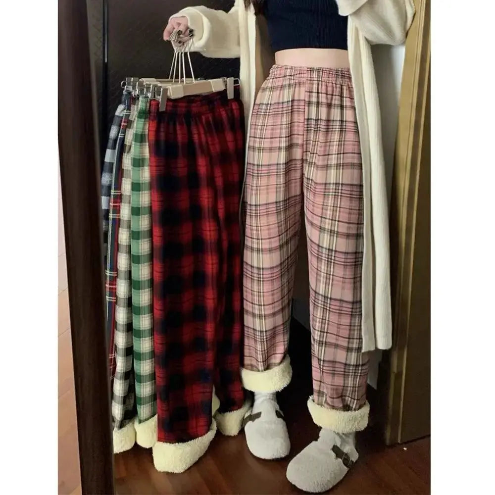 Thickened Fleece Straight Leg Pants Winter New Style Lamb Velvet Plaid Women's High Waist Warm Casual Wide Leg Pants