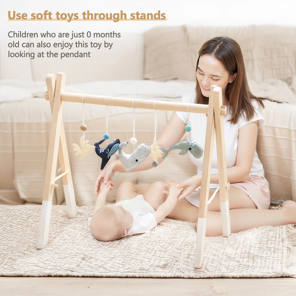Foldable Baby Play Gym,0 Months Wooden Infant Activity Gym Hanging Toys Tool-Free Assembly Gym,Great for Newborn Development