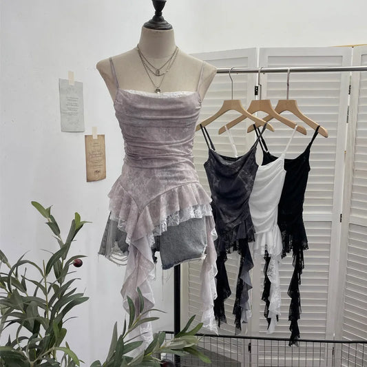 ISAROSE Summer Y2K Camisole for Women Casual Spaghetti Straps Double Layers Lace Stretch Mesh Patchwork Asymmetrical Slim Tops
