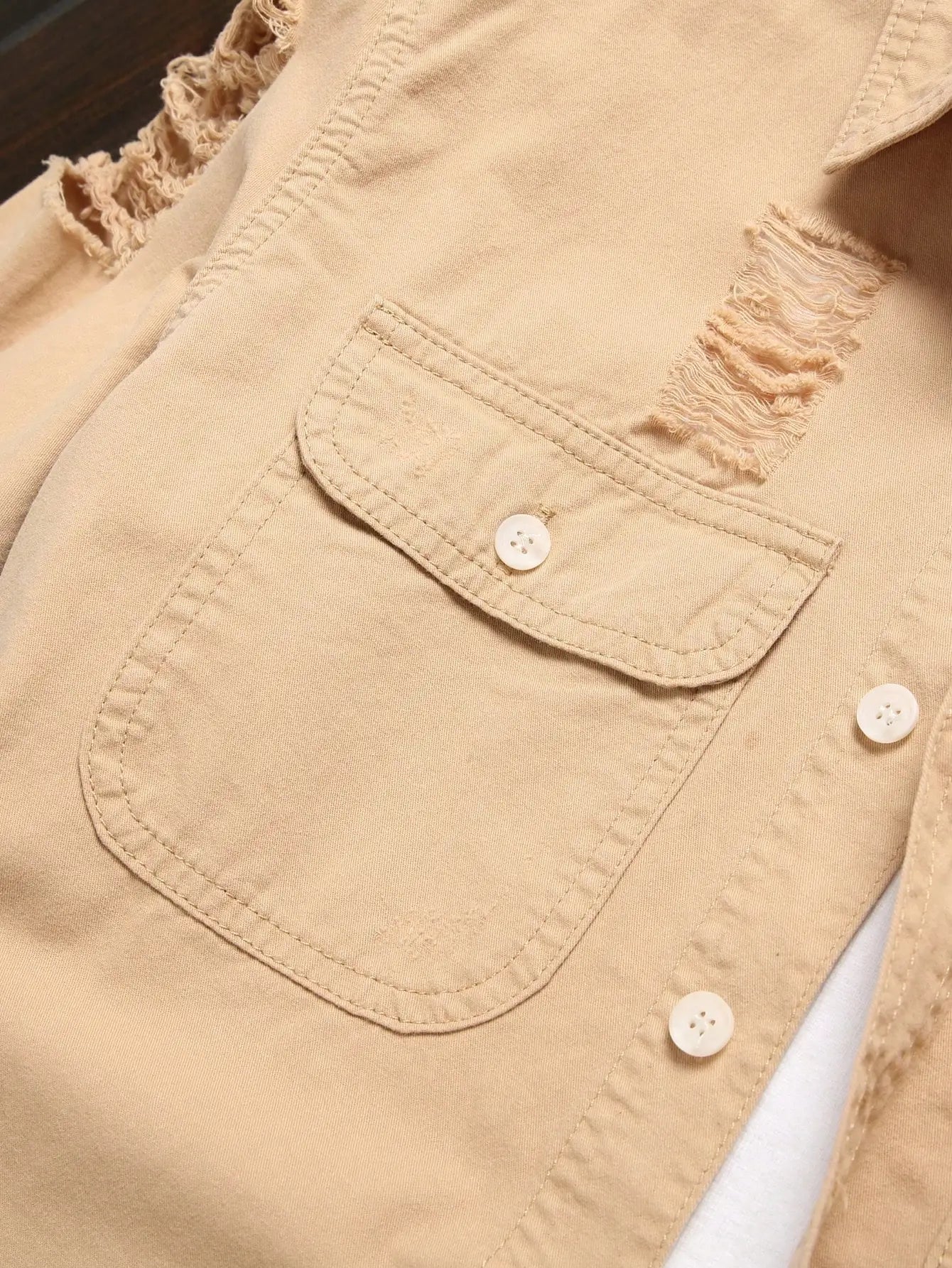 Men's Khaki Ripped Long - Sleeve Shirt for Summer, Trendy Street Style