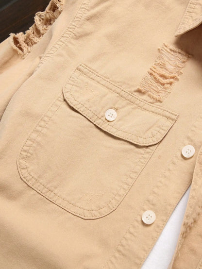 Men's Khaki Ripped Long - Sleeve Shirt for Summer, Trendy Street Style