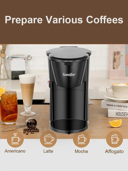 Sonifer 230ml Mini Coffee Maker SF-3593, Single Serve Drip, 450W Fast Brew, 97°C High Temp Brewing, Portable, One-Touch