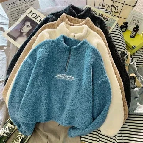 Autumn Winter Fleece Lined Half Zip up Stand Collar Sweatshirt Women's Loose Short Style Lamb Velvet Student Top Coat
